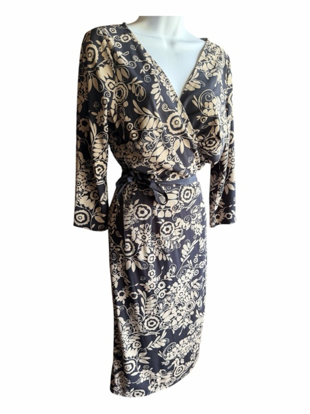 LOFT Navy Wrap Dress with Cream Floral Print